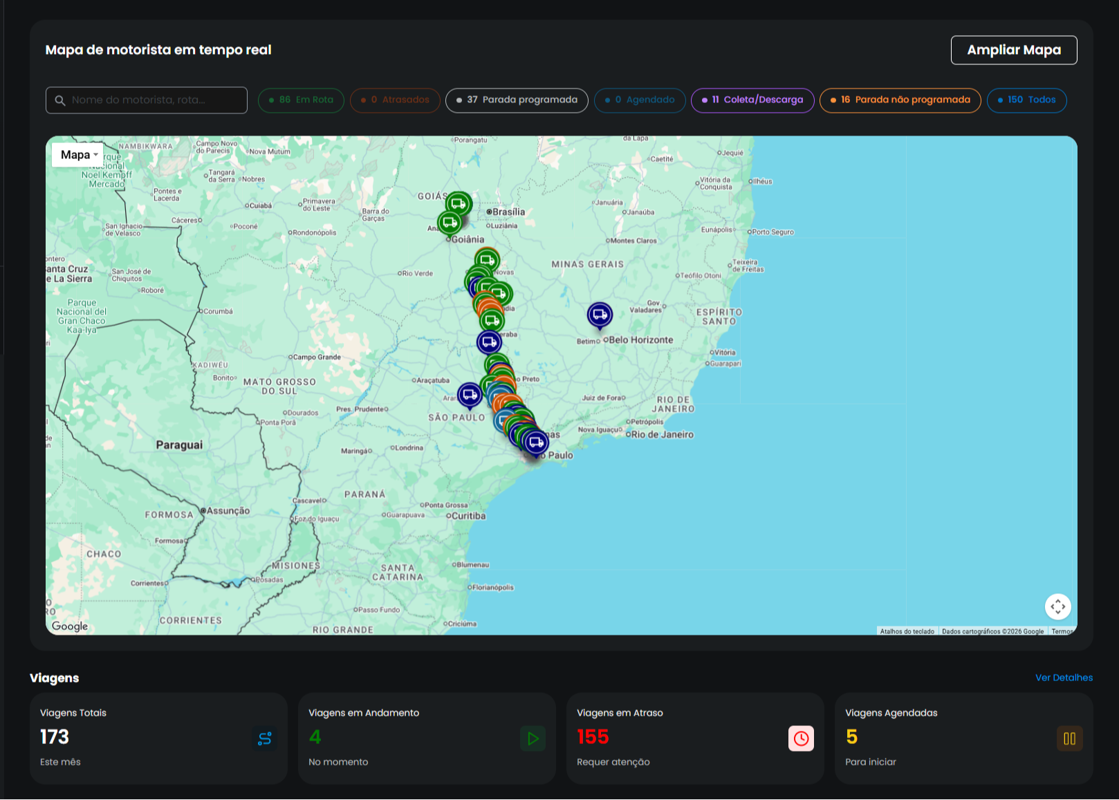 Dashboard Rota 361° - mapa de motoristas em tempo real
